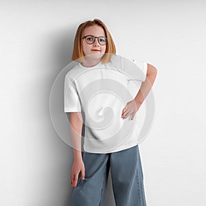 White kid shirt template, close-up, t-shirt for a girl, casual wear for a child, isolated on background, front view