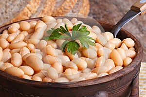 White kidney beans in a brown pot macro and bread