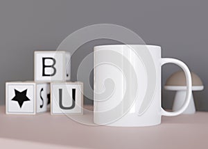 White kids mug mock up. Blank template for your design, advertising, logo. Close-up view. Copy space. Cup standing in