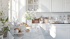 a white kitchen adorned with spring and Easter decor, the airy and bright ambiance with touches of pastel hues, floral