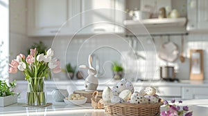 a white kitchen adorned with spring and Easter decor, the airy and bright ambiance with touches of pastel hues, floral