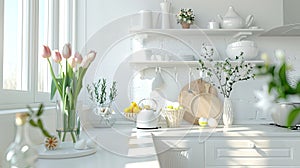 a white kitchen adorned with spring and Easter decor, the airy and bright ambiance with touches of pastel hues, floral