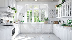 a white kitchen adorned with spring and Easter decor, the airy and bright ambiance with touches of pastel hues, floral