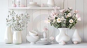 a white kitchen adorned with spring and Easter decor, the airy and bright ambiance with touches of pastel hues, floral