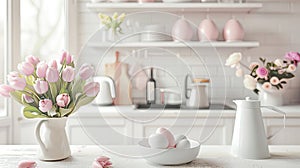 a white kitchen adorned with spring and Easter decor, the airy and bright ambiance with touches of pastel hues, floral