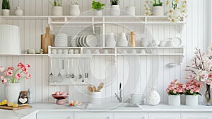 a white kitchen adorned with spring and Easter decor, the airy and bright ambiance with touches of pastel hues, floral