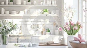 a white kitchen adorned with spring and Easter decor, the airy and bright ambiance with touches of pastel hues, floral