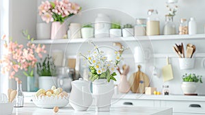 a white kitchen adorned with spring and Easter decor, the airy and bright ambiance with touches of pastel hues, floral