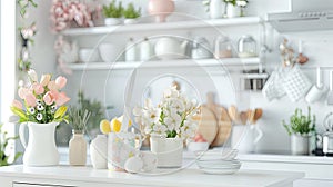 a white kitchen adorned with spring and Easter decor, the airy and bright ambiance with touches of pastel hues, floral
