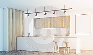 White kitchen with bar and poster, side, toned