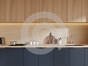 White kitchen with blue cabinets and wooden cupboards