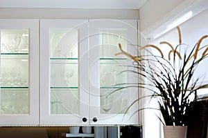 White kitchen cabinet with glass windows photo