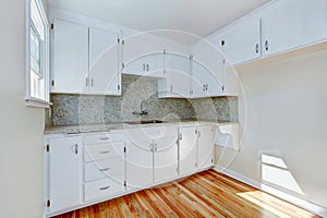 White kitchen cabinets with light tone hardwood floor