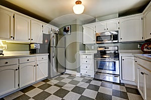 White kitchen cabinets and steel appliances.