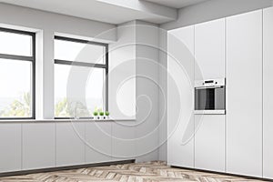 White kitchen corner with counters and cupboard