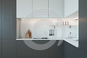 White kitchen counters with kitchenware