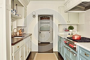 White kitchen decor, interior design and house improvement, classic English in frame kitchen cabinets, countertop and applience in