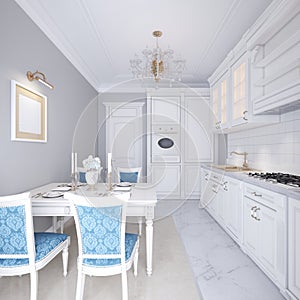 White kitchen with dining table in a classic style. The bright interior of the kitchen