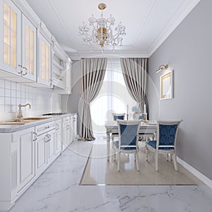 White kitchen with dining table in a classic style. The bright interior of the kitchen