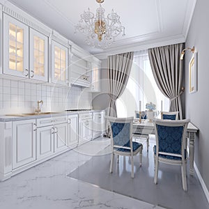 White kitchen with dining table in a classic style. The bright interior of the kitchen