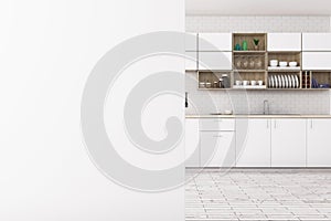 White kitchen with empty banner