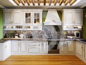 White kitchen furniture in the interior of the kitchen in the Arabian style with green walls and wooden ceiling backlighting