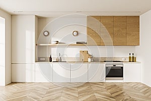 White kitchen interior with cabinets and cupboards