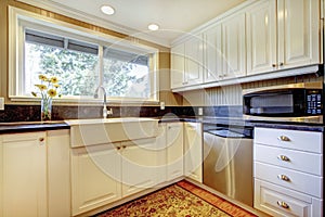 White kitchen interior with large sink and window.