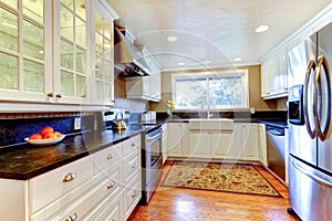 White kitchen interior with large sink and window.