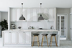 White kitchen interior outlined with black lines. Kitchen design abstraction. 3D rendering.