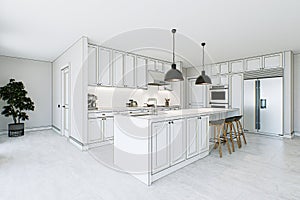 White kitchen interior outlined with black lines. Kitchen design abstraction. 3D rendering.