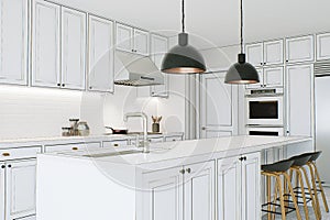 White kitchen interior outlined with black lines. Kitchen design abstraction. 3D rendering.