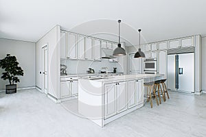 White kitchen interior outlined with black lines. Kitchen design abstraction. 3D rendering.