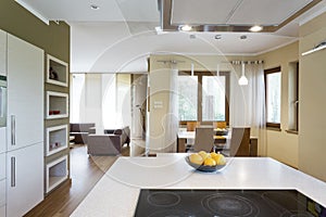 White kitchen island with electric cooktop