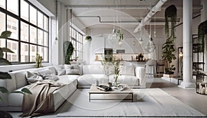 White kitchen in loft studio apartment. Interior design of modern living room. Created with generative AI