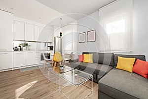 White kitchen open to living room with methacrylate coffee tables photo