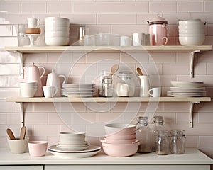 White kitchen. Shelves with pink crockery and kitchen utensils
