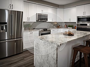 White kitchen with stainless steel appliances and granite counter tops