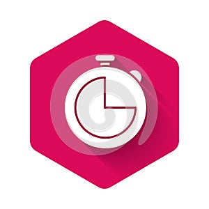 White Kitchen timer icon isolated with long shadow. Cooking utensil. Pink hexagon button. Vector Illustration