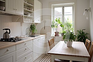 white kitchen with white wooden cabinet and white and green plant, craftcore beige and white photo