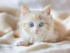 A white kitten with blue eyes laying on a bed photo