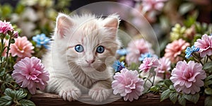 A white kitten with blue eyes sits in a bed o flowers