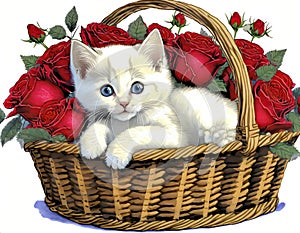 White kitten lying in a basket full of red roses