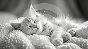 White Kitten Sleeping on Cozy Blanket.World Sleep day concept