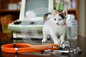 White kitten with a stethoscope in a veterinary office with ultrasound in the background