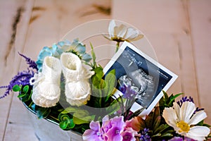 White knitted booties and ultrasound picture, baby girl waiting concepts