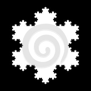 White Koch snowflake, a fractal curve, fifth iteration, over black