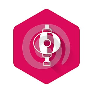 White Korean paper lantern icon isolated with long shadow background. Pink hexagon button. Vector