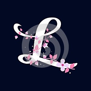 White L letter with flowers, alphabet illustration on dark blue