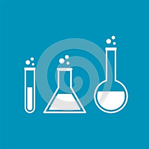 White lab glassware icons on blue background. Chemistry beakers. Science research concept.